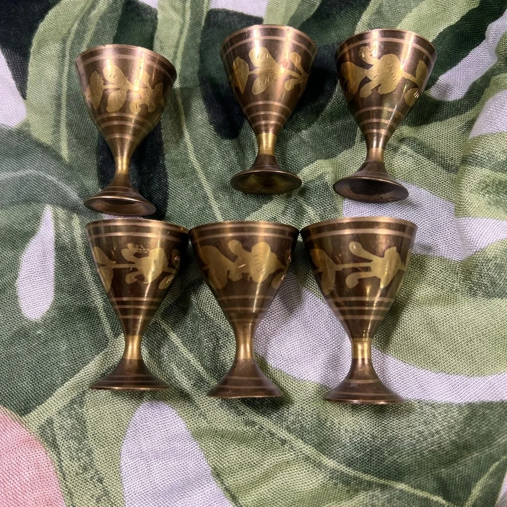 Etched 2 tone Brass Ginger Jar Urn 9” w/Lid & 6 Goblets‎ Birds, flowers, trees